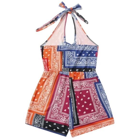 SHEIN SZ M Patchwork Paisley Print Criss Cross Cut Out Halter Romper - Picture 2 of 6